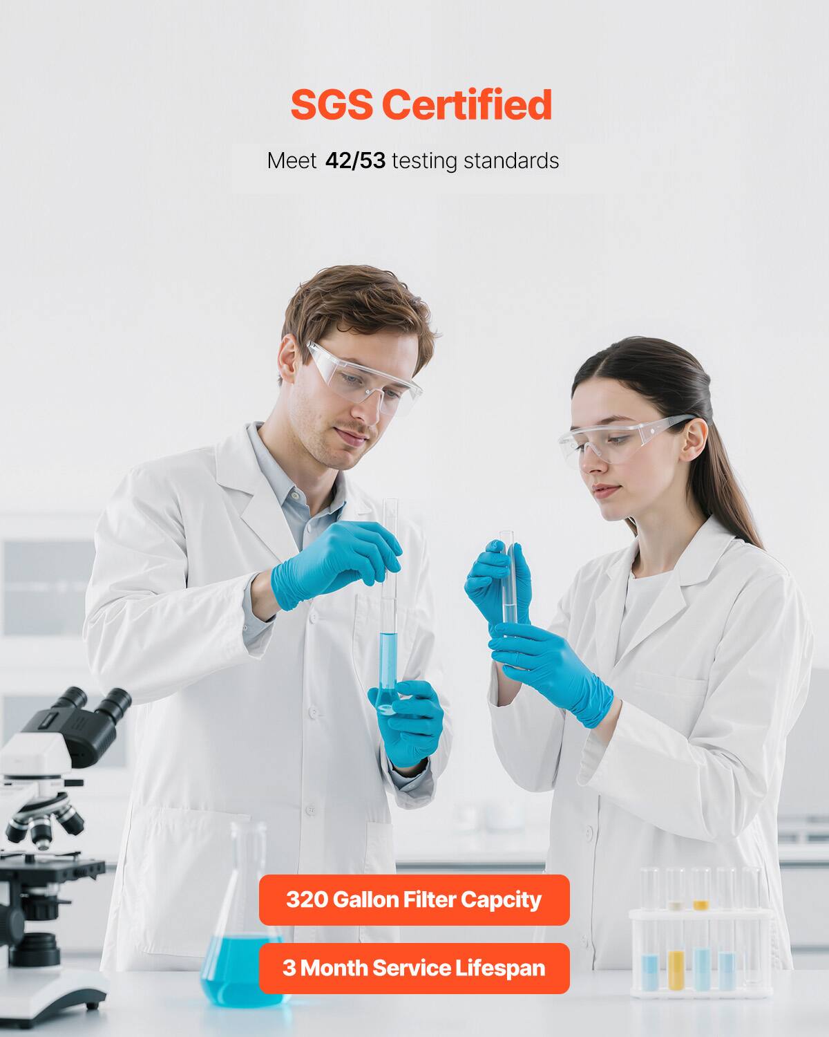 SGS Certified  
Meet 42/53 testing standards  
320 Gallon Filter Capacity  
3 Month Service Lifespan