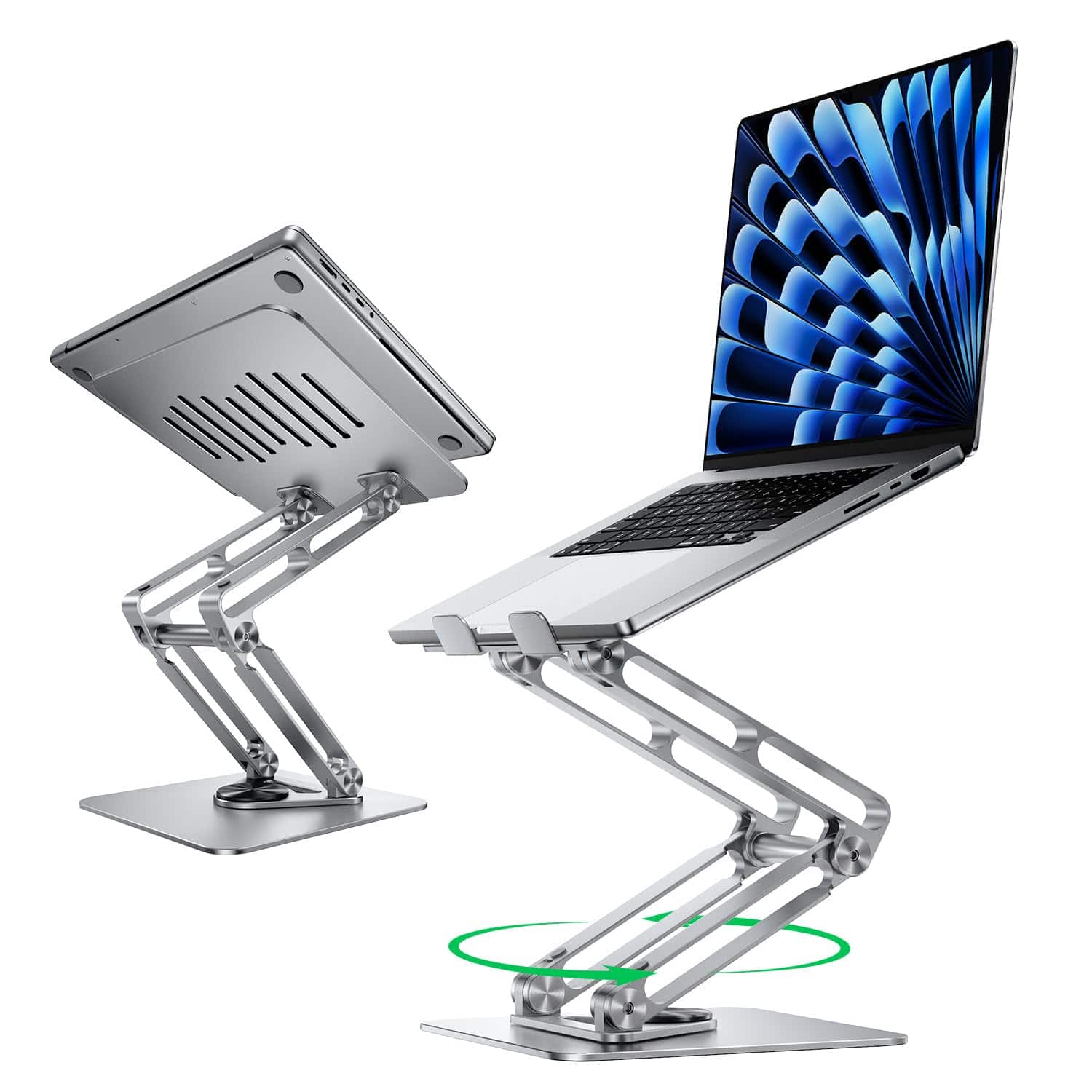 HongFei - Triple-Fold Laptop Stand for Desk with 360 Rotating Base, Adjustable Laptop Riser, Portable Holder for Laptops - Silver