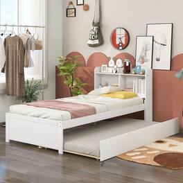 GOODSILO - Space-Saving Twin Bed with Pull-Out Trundle and Built-In Bookcase Headboard for Compact Bedrooms - White