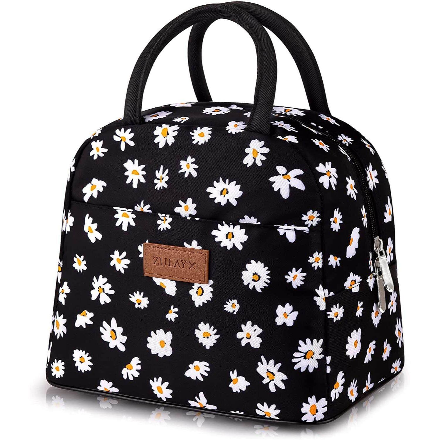 Front. Zulay Kitchen - Zulay Kitchen Insulated Lunch Box For Women - Tote Lunch Bag Women Insulated With Soft Padded Handles - Black with White Daisy.