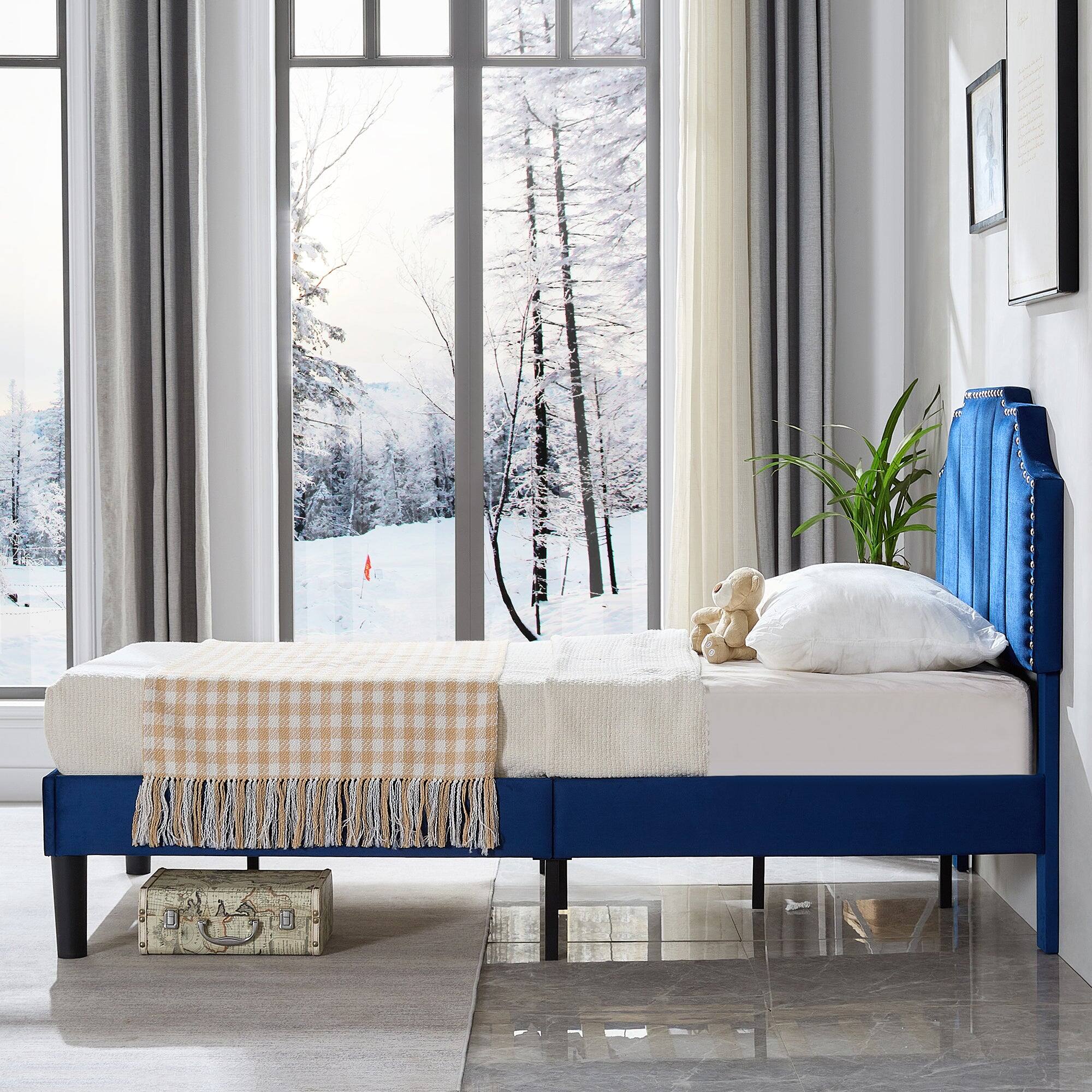 Back. Vecelo - Twin Upholstered Platform Bed Frame with Tufted Adjustable Headboard/Mattress Foundation/Wood Slat Support - Dark Blue.