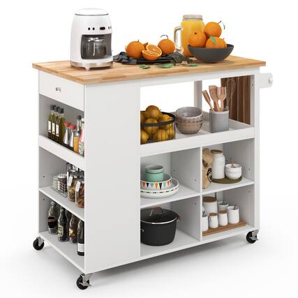 Front. Ecooso - Kitchen Island Cart on Wheels with Open Shelves, Drawer, and Storage Cabinets for Kitchen - White.