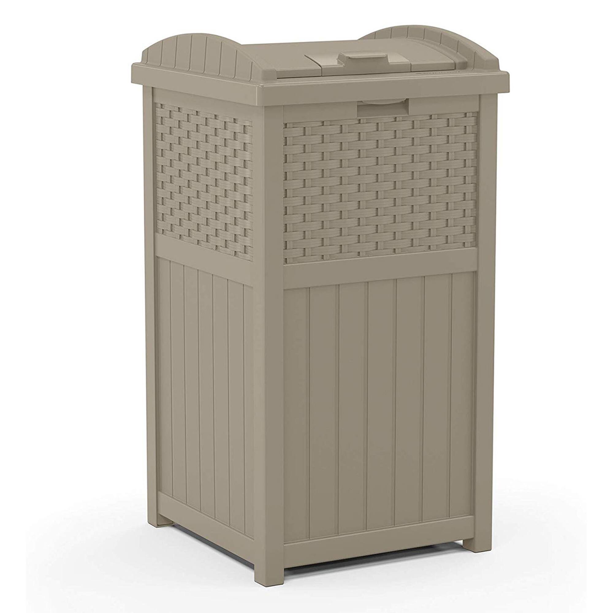 Alt View 1. Suncast - Suncast Wicker Plastic Hideaway Trash Can with Latching Lid, Dark Taupe (2 Pack) - Grey.