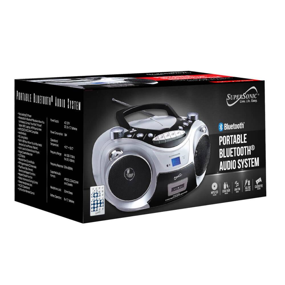 **SuperSonic**  
Live Life. Easy.

**Portable Bluetooth® Audio System**

**Features:**
- Built-in Bluetooth®
- USB/SD Card Player
- AM/FM Radio
- Cassette Player
- AUX Input
- MP3/MP4 Player
- FM/AM Radio
- Cassette Player
- 3.5mm Aux Input
- USB Port
- SD Card Slot
- Built-in Microphone
- Built-in Speaker
- Power Consumption: 10W
- Power Supply: AC 100-240V, 50/60Hz
- Operating Temperature: 0°C to 40°C
- Dimensions: 350 x 250 x 150mm
- Weight: 3.5kg

**Supported Audio Formats:**
- MP3, WMA, WAV

**Additional Features:**
- Built-in Microphone
- Built-in Speaker
- FM/AM Radio
- Cassette Player
- USB/SD Card Player
- AUX Input
- Bluetooth® Connectivity

**Entry Specification:**
- 1 x USB Cable
- 1 x AC Adapter
- 1 x Remote Control

**