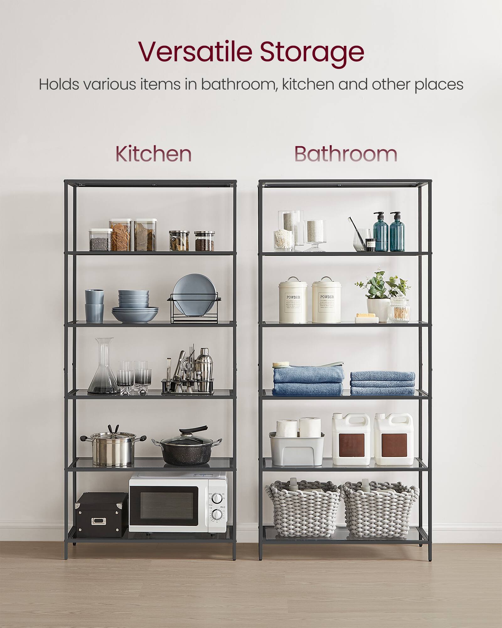 Versatile Storage  
Holds various items in bathroom, kitchen and other places  

Kitchen  
Bathroom