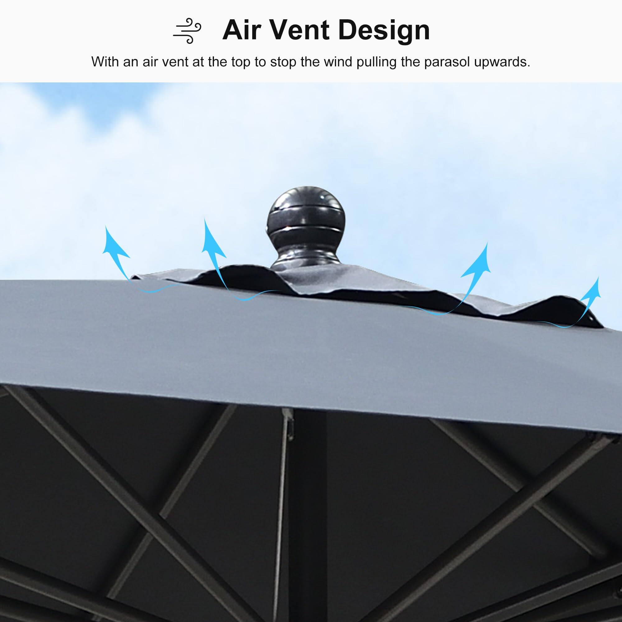 Air Vent Design

With an air vent at the top to stop the wind pulling the parasol upwards.