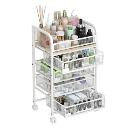 Beauty products are neatly organized in this cart.