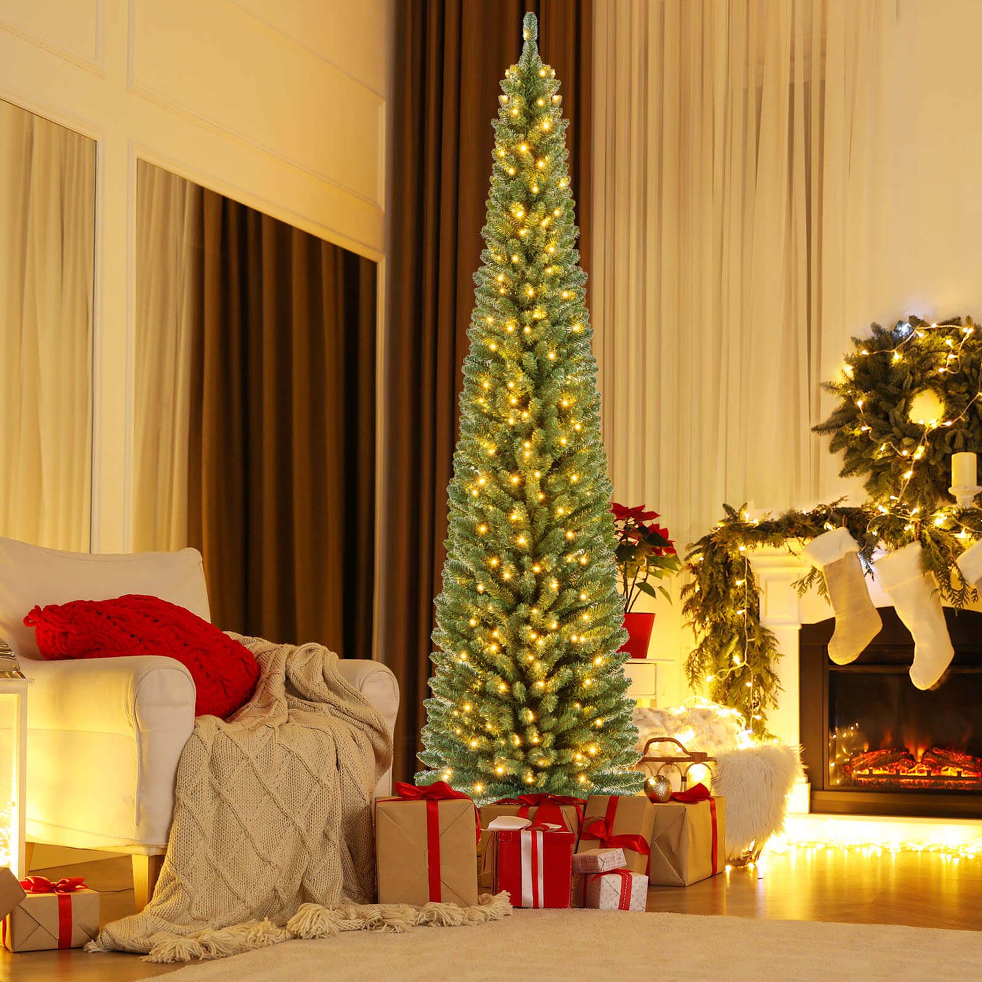 Alt View 4. Costway - Costway 8 FT Pencil Christmas Tree with 671 Memory Wire Branch Tips 250 LED Lights for Home - Green.