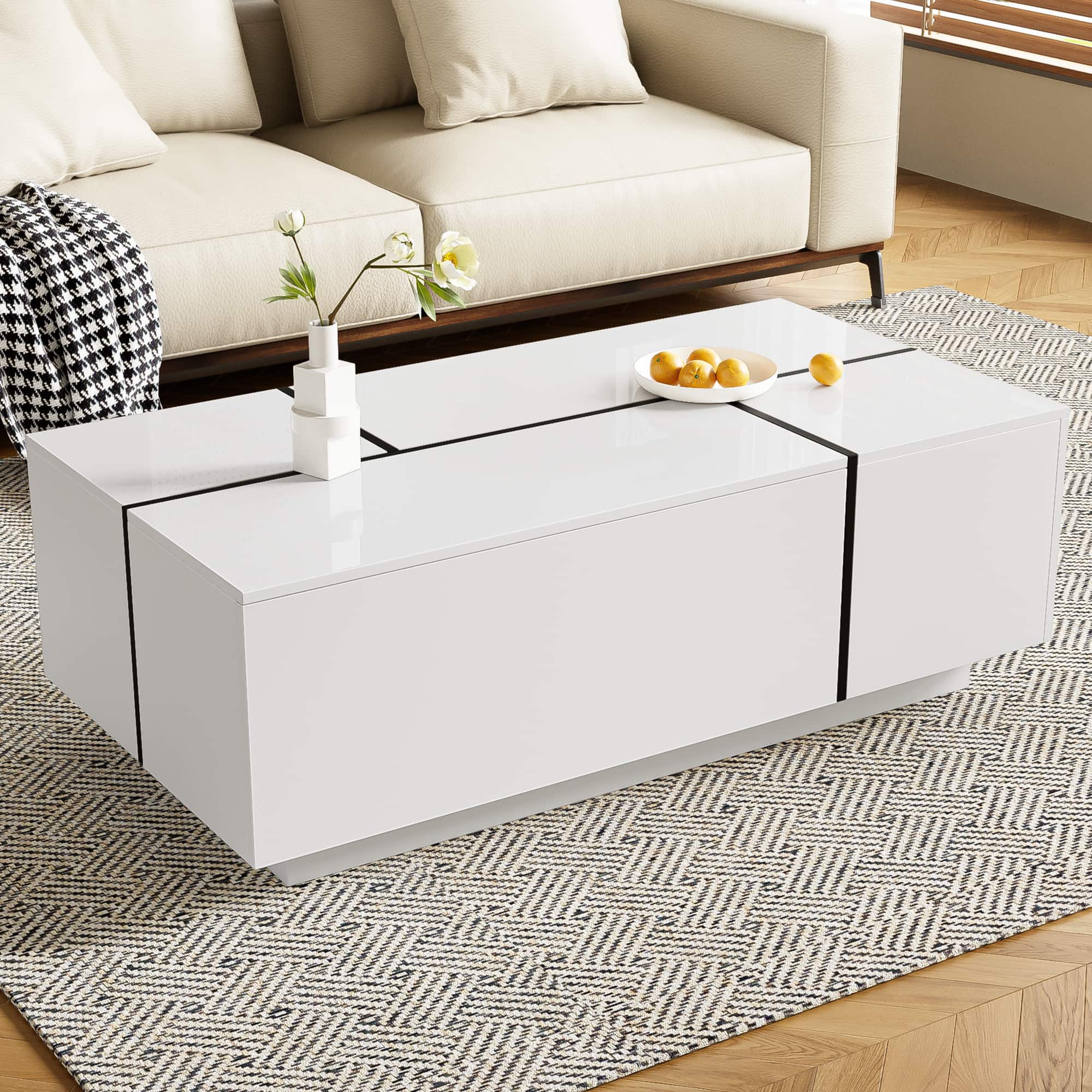 Lirago - 47" U-Can Extendable Coffee Table Smooth Finish 2 Hidden Storage Spaces 2 Drawers Multi Functional for Living Room - White