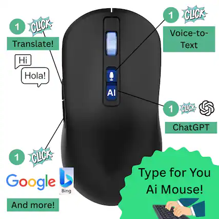 1 CLICK Translate!
Hi Hola!
1 CLICK Voice-to-Text
1 CLICK ChatGPT
1 CLICK Google Bing
And more!
Type for You Ai Mouse!