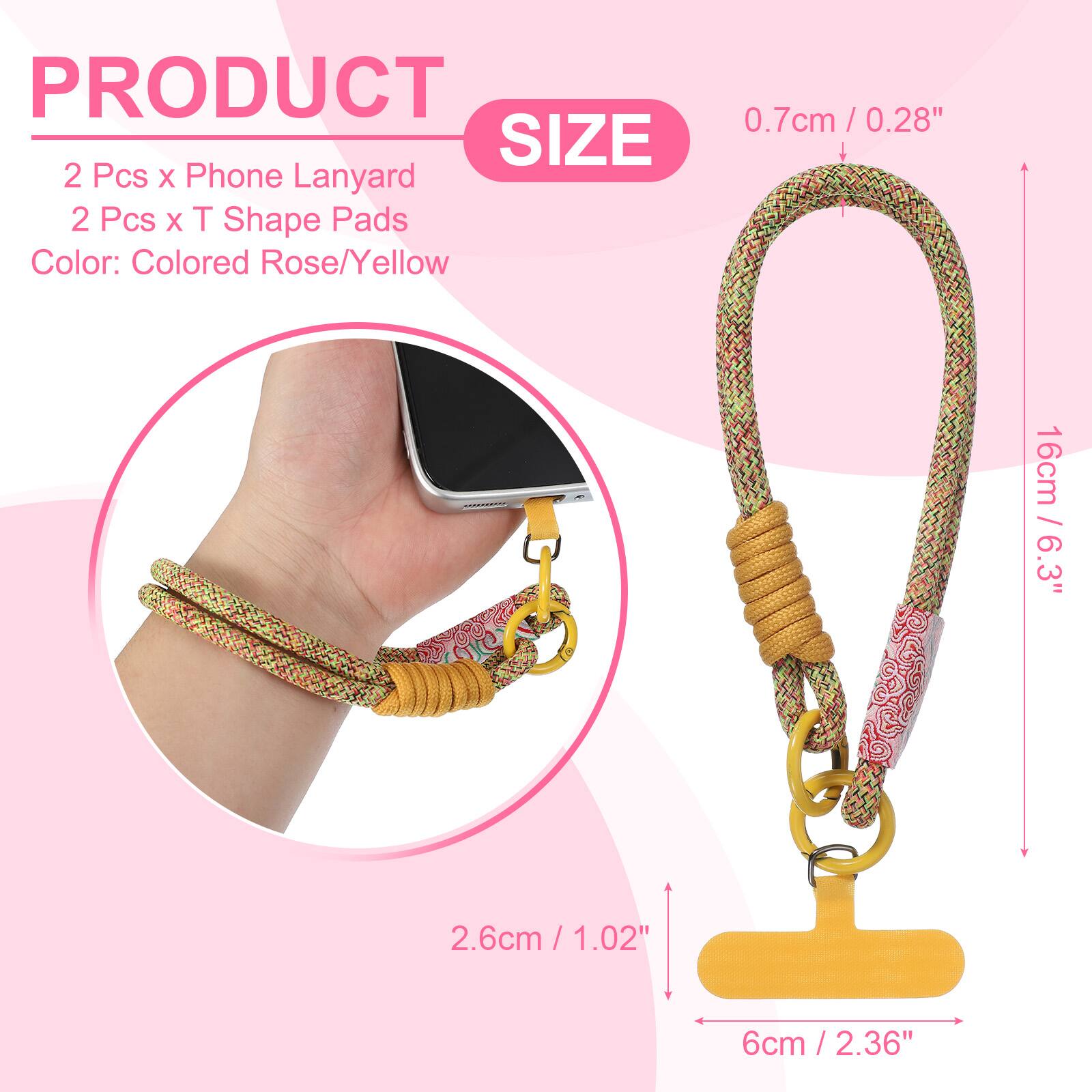PRODUCT  
2 Pcs x Phone Lanyard  
2 Pcs x T Shape Pads  
Color: Colored Rose/Yellow  

SIZE  
0.7cm / 0.28"  
16cm / 6.3"  
2.6cm / 1.02"  
6cm / 2.36"