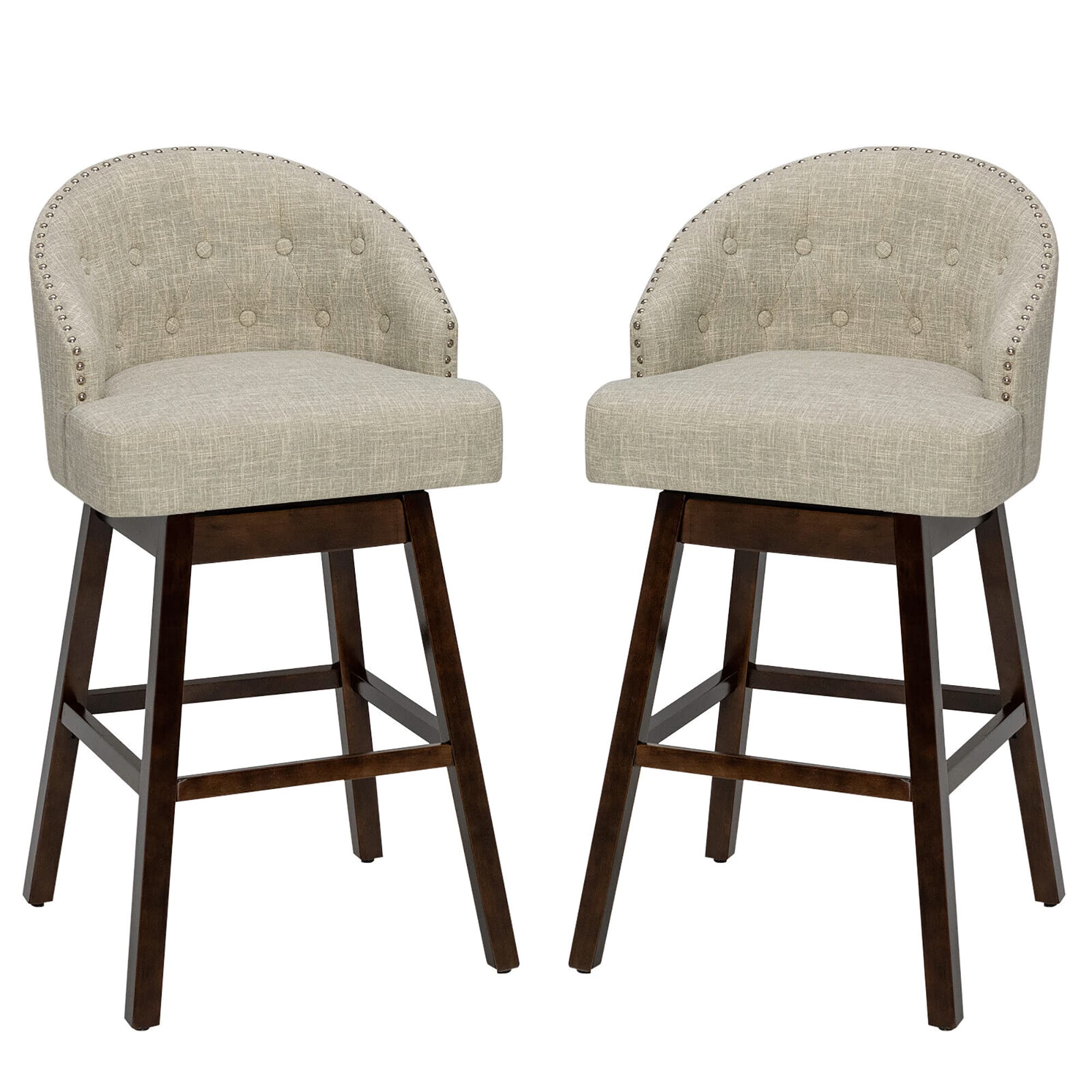 Costway - Set of 2 Swivel Bar Stools Tufted Bar Height Pub Chairs w/ Rubber Wood Legs - Beige + Brown