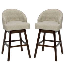 Costway - Set of 2 Swivel Bar Stools Tufted Bar Height Pub Chairs w/ Rubber Wood Legs - Beige + Brown