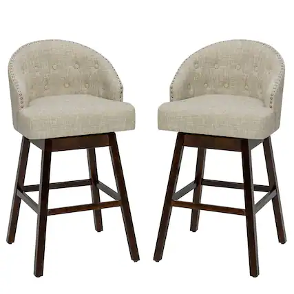 Front. Gymax - Gymax Set of 2 Swivel Bar Stools Tufted Bar Height Pub Chairs w/ Rubber Wood Legs - Beige + Brown.
