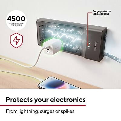 4500 JOLTS OF SURGE PROTECTION  
Surge protector indicator light  

Protects your electronics  
From lightning, surges or spikes