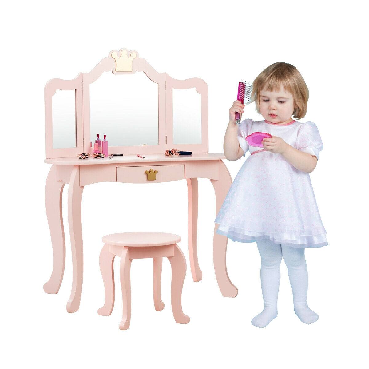 Back. SlickBlue - Kids Vanity Table with Stool and Tri-Fold Mirror for Pretend Makeup Play - Pink.