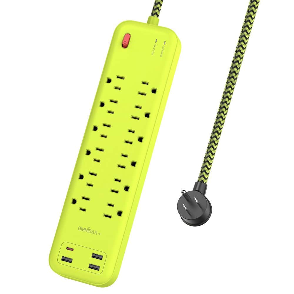 Front. Omnibar - 6 Ft Power Strip Surge Protector 12 Outlets 4 USB Ports (3 USB A) Desk Charging Station for Home Office Dorm - yellow-green.