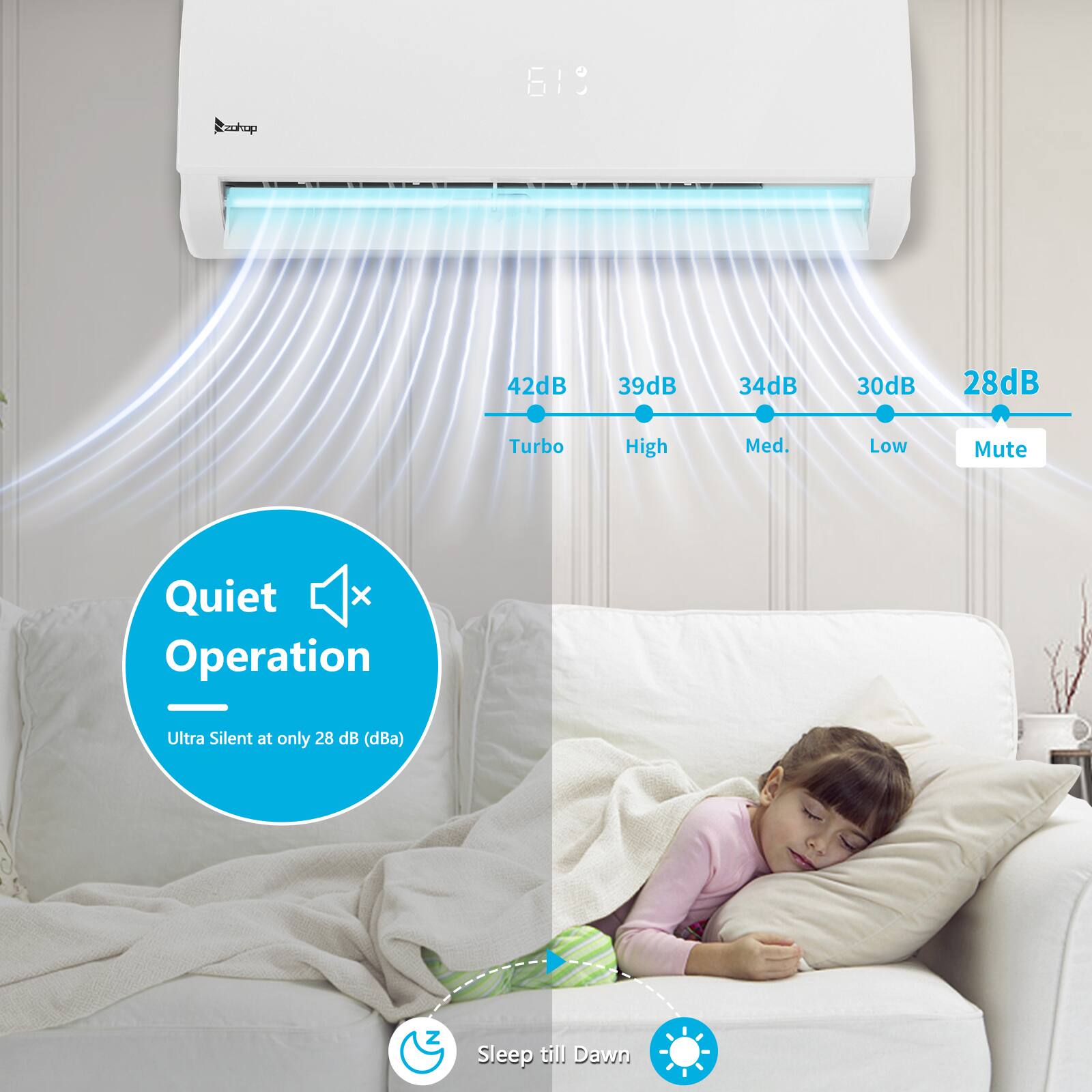 619 | : ahup 42dB 39dB 34dB 30dB 28dB Turbo High Med. Low Mute Quiet x Operation Ultra Silent at only 28 dB (dBA) Z Sleep till Dawn