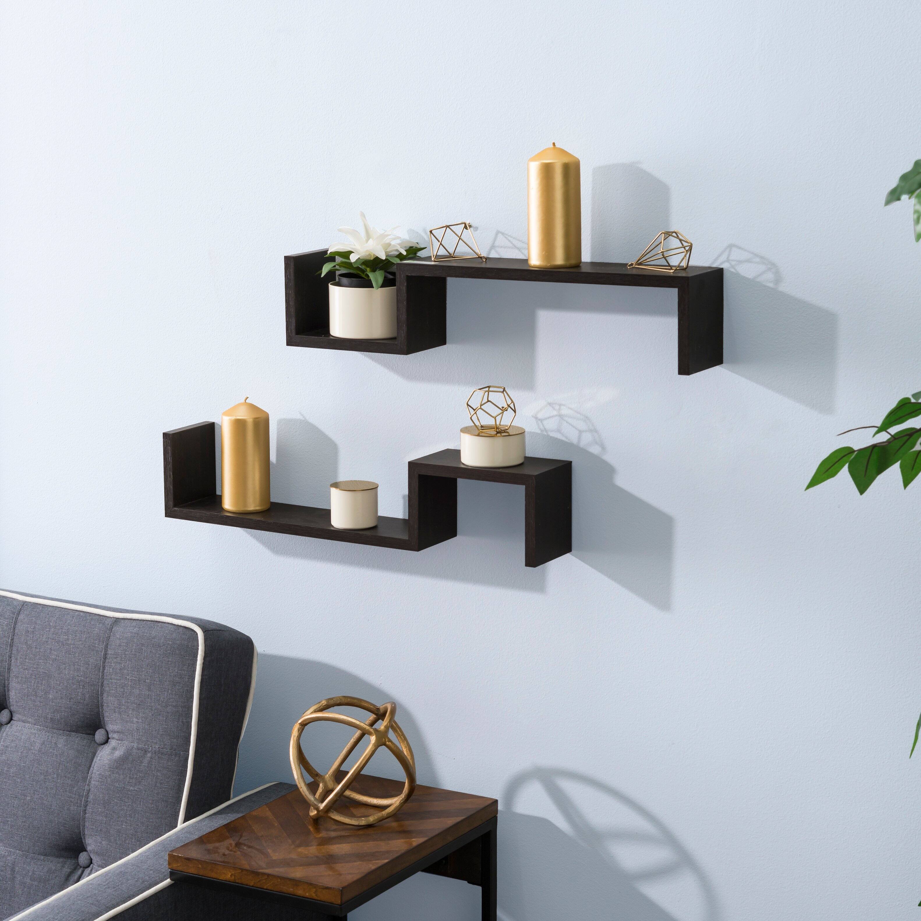 Back. Danya B - Set of 2 S-Shaped Wall Shelves - Espresso - Brown.