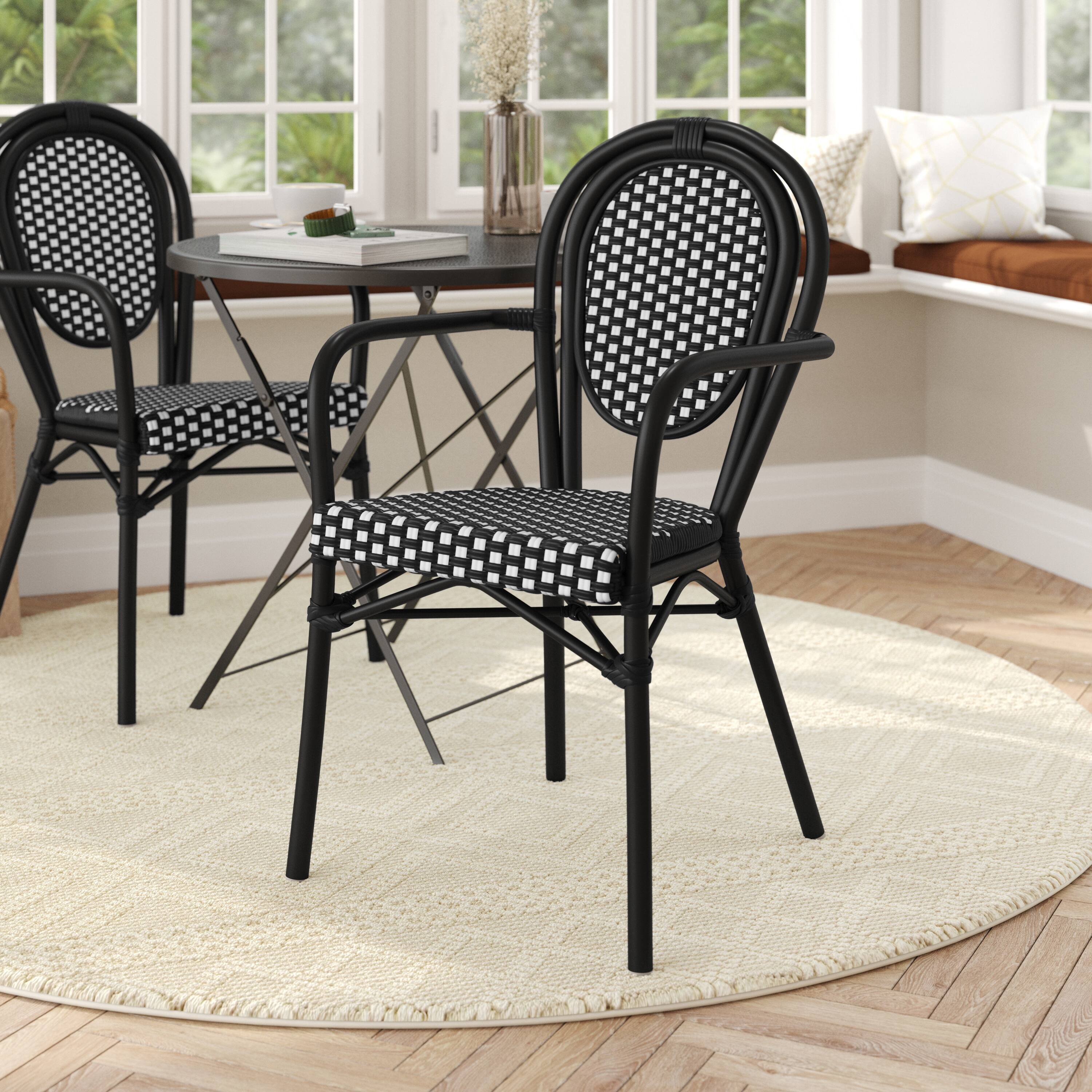 Alt View 1. Flash Furniture - Lourdes Indoor/Outdoor Commercial Thonet Bistro Stacking Chair with Arms, Black and White PE Rattan and Black Aluminum F - Black.