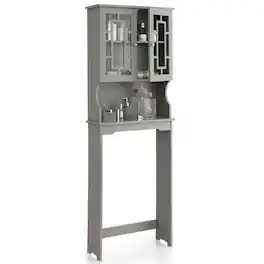Costway - Over the Toilet Storage Bathroom Spacesaver Cabinet Tower Organizer Shelf & Doors Grey - Gray