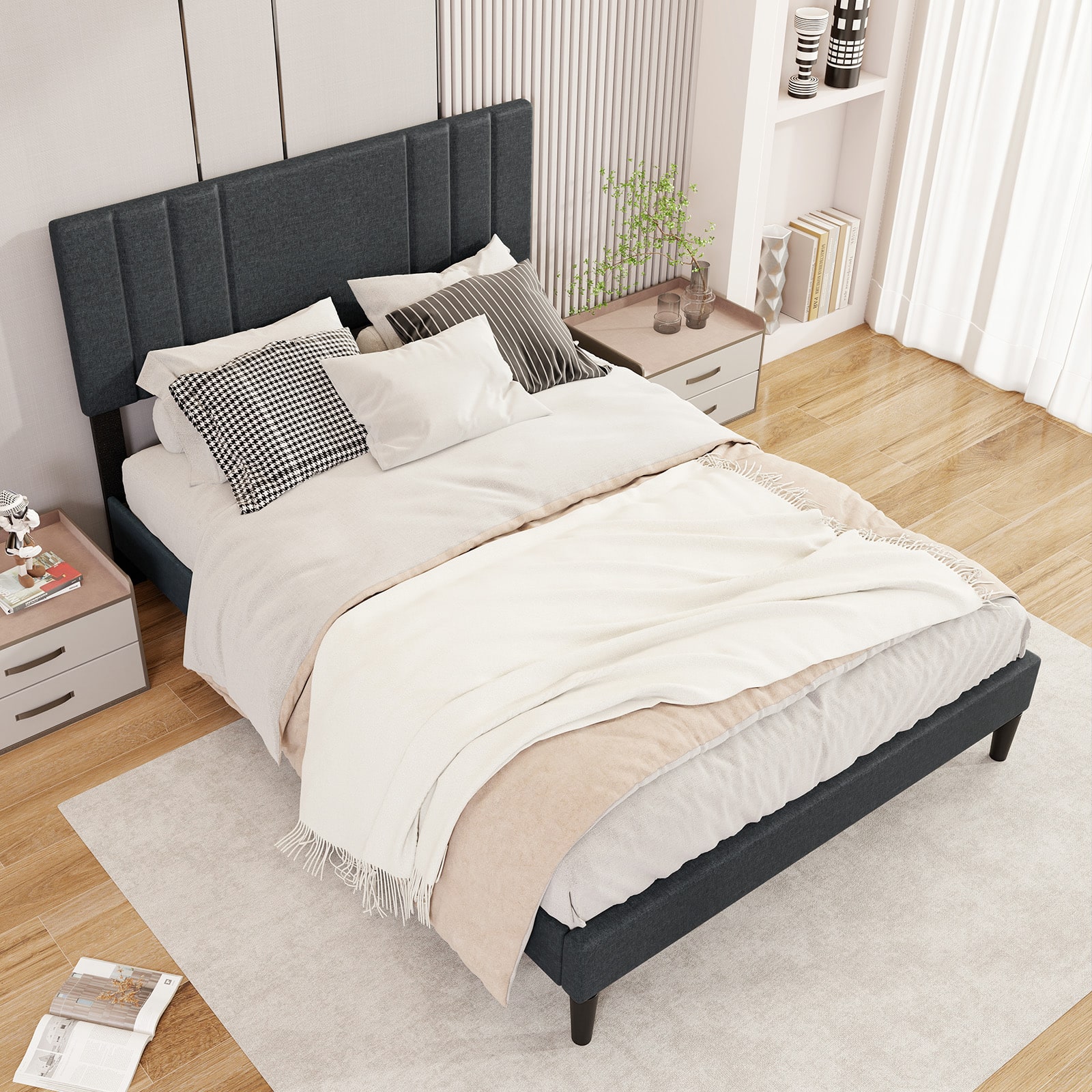 Gymax - Full Size Bed Frame w/ Vertical Channel Tufted Headboard & Wooden Slats - Gray
