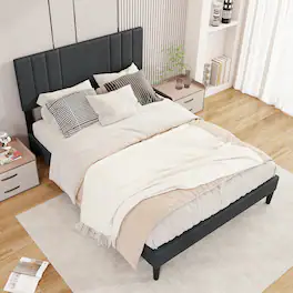 Gymax - Full Size Bed Frame w/ Vertical Channel Tufted Headboard & Wooden Slats - Gray