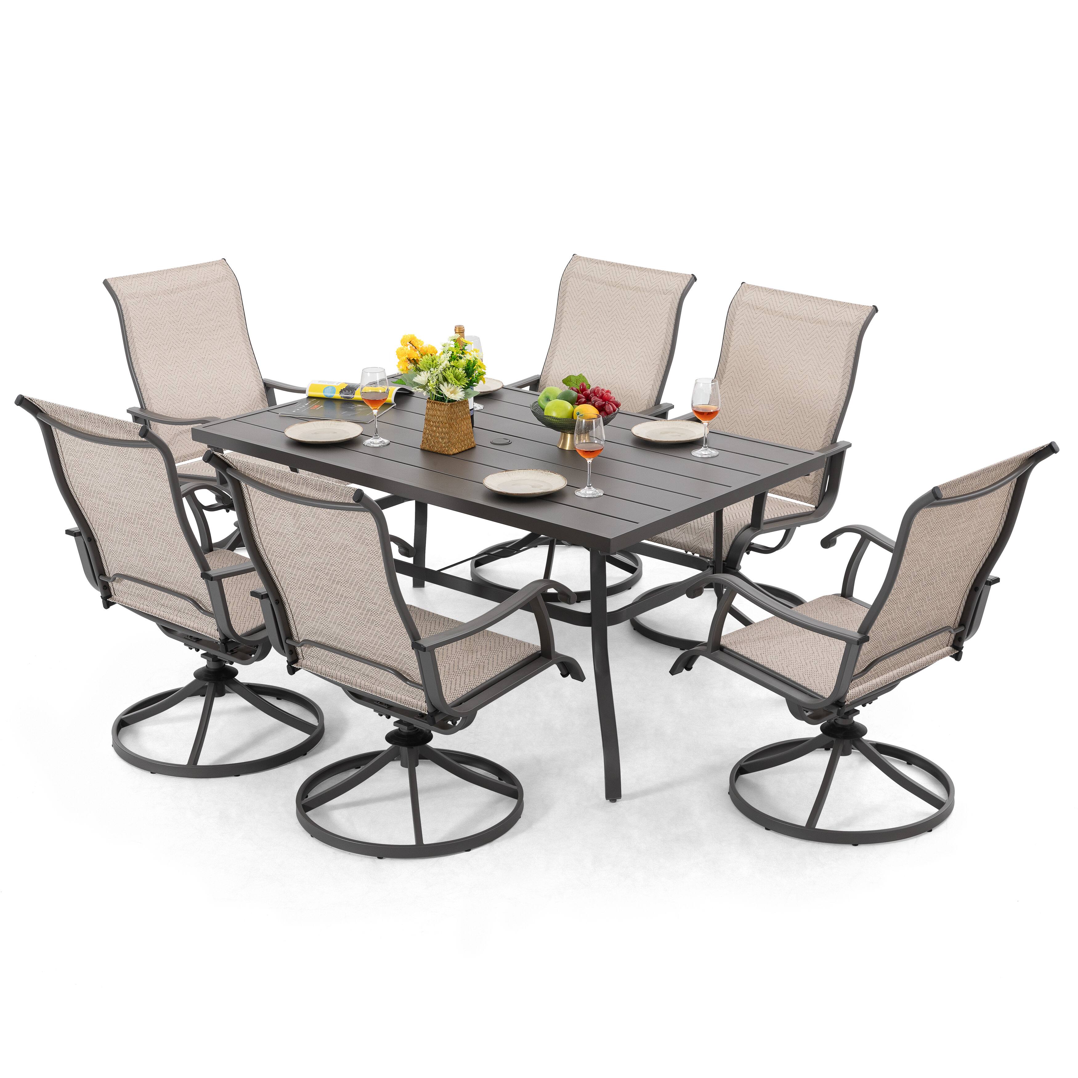 Alt View 7. Nuu Garden - Patio 7 Pieces Textilene Dining Set with Swivel Design, Umbrella Hole - Beige and Gray.