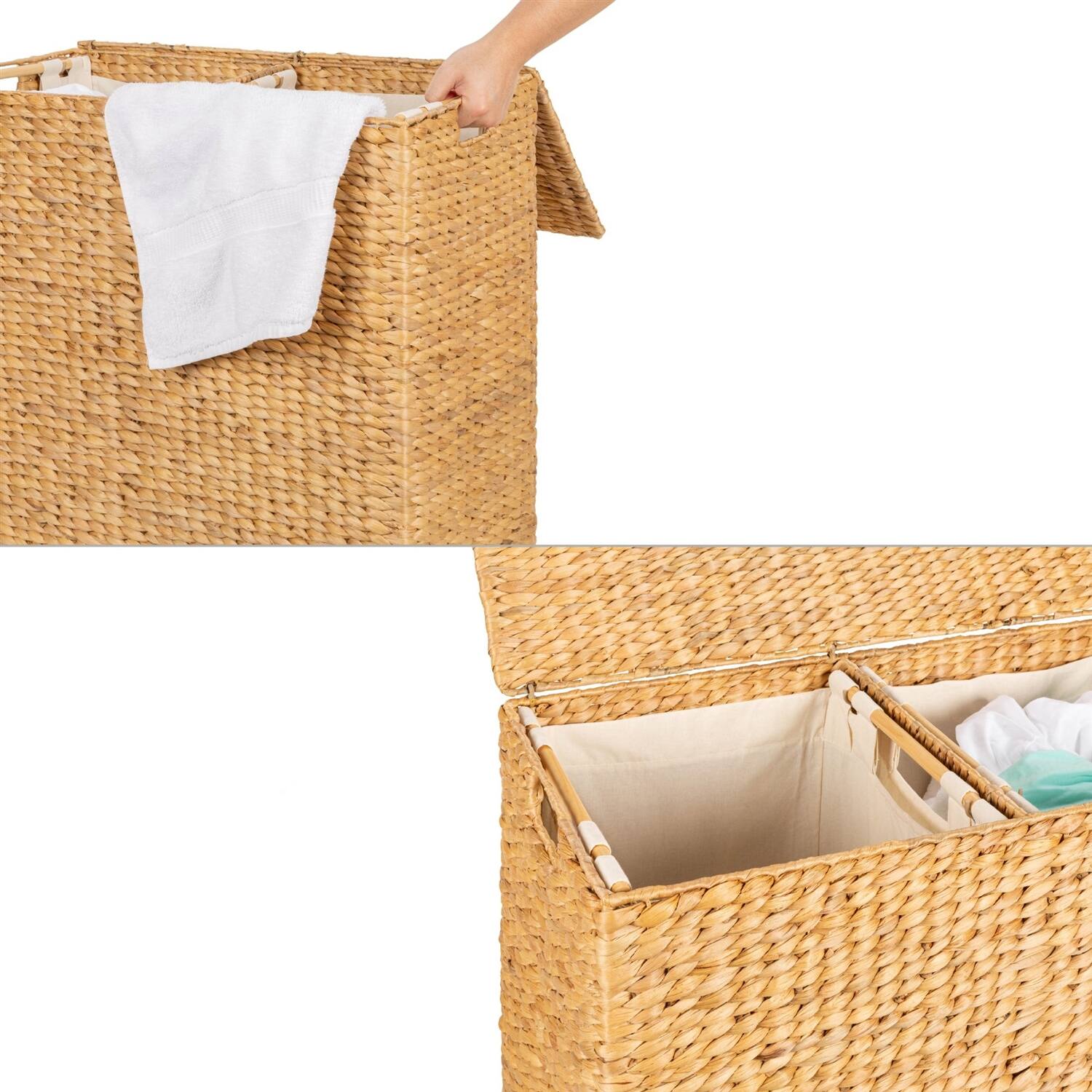 Angle. SlickBlue - Handwoven 2-Bin Laundry Hamper with Linen Liners and Side Handles - Natural.