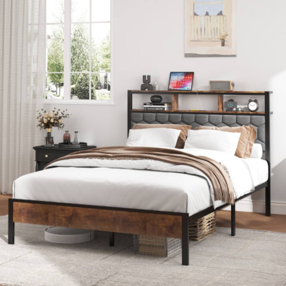 Angle. LUCKY ONE - Full Size Wooden Platform Bed Frame with Upholstered Headboard, USB Charging Station, Under-Bed Storage - Brown.