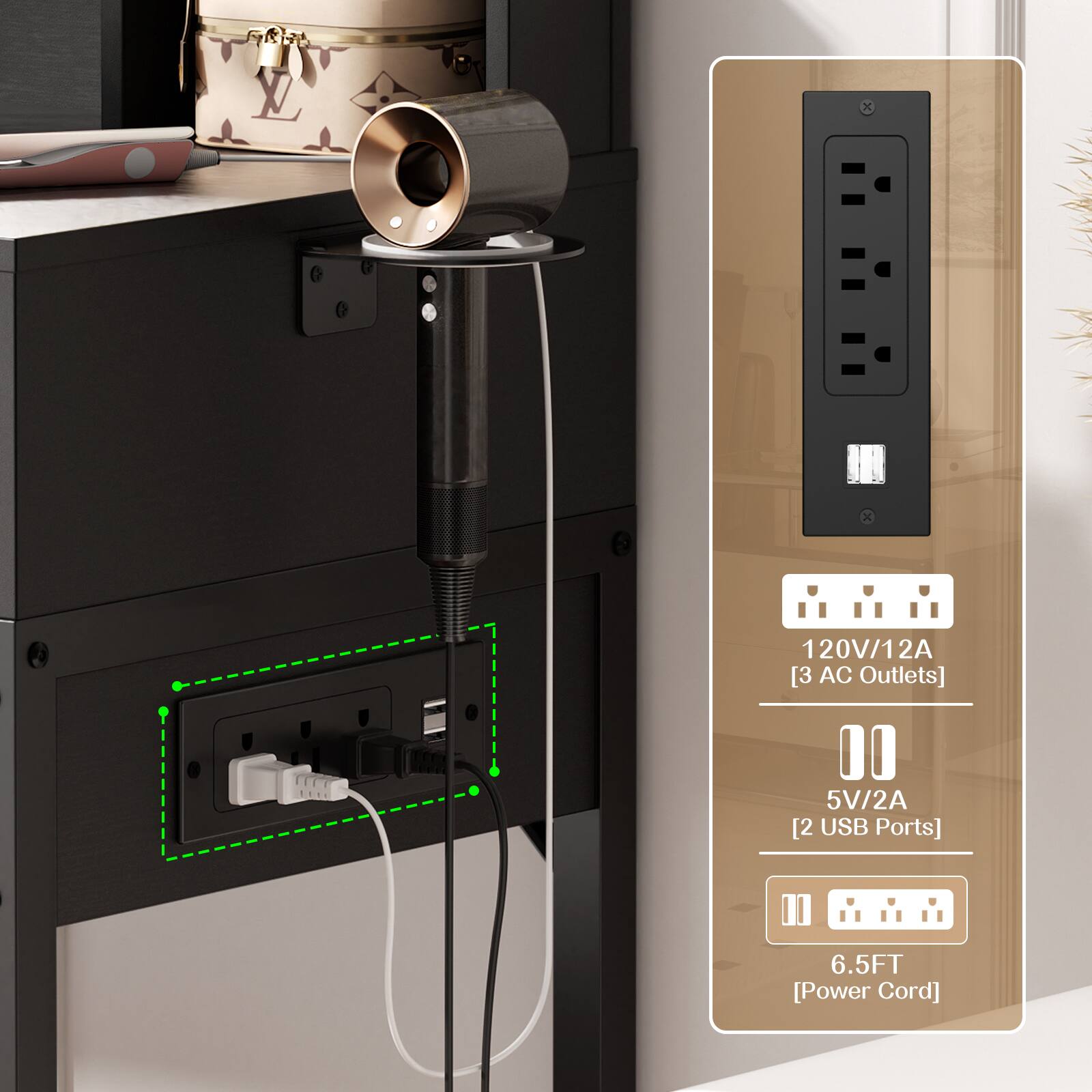 L x O. 1 20V/1 2A [3 AC Outlets] 00 5V/2A [2 USB Ports] 11 6.5FT [Power Cord]