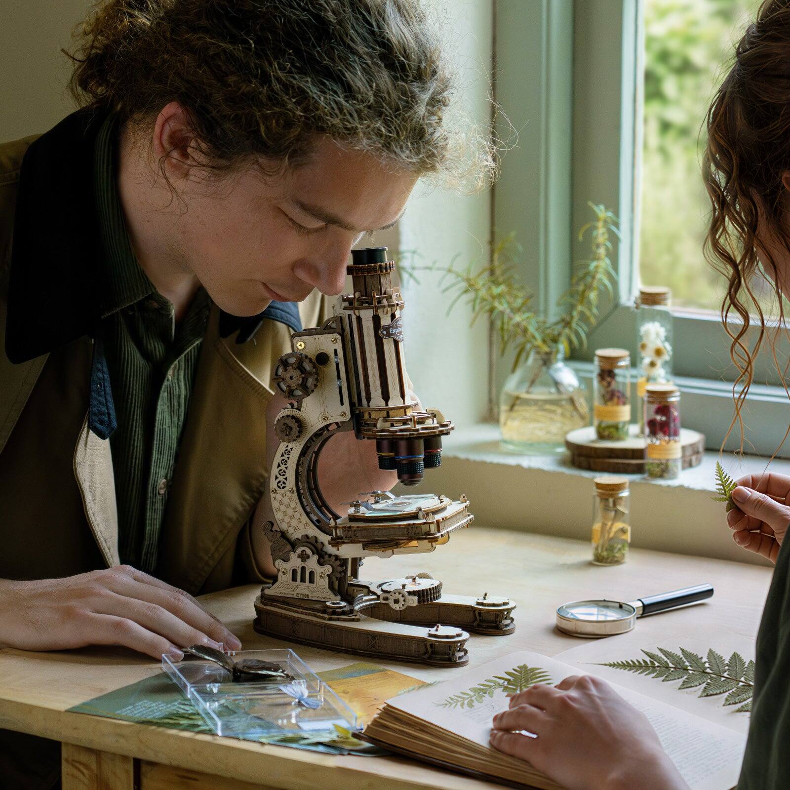 Alt View 4. Robotime - ROKR Wooden 3D Puzzle Building Kit, Real Optical Microscope with 40X-400X Magnification ST005.