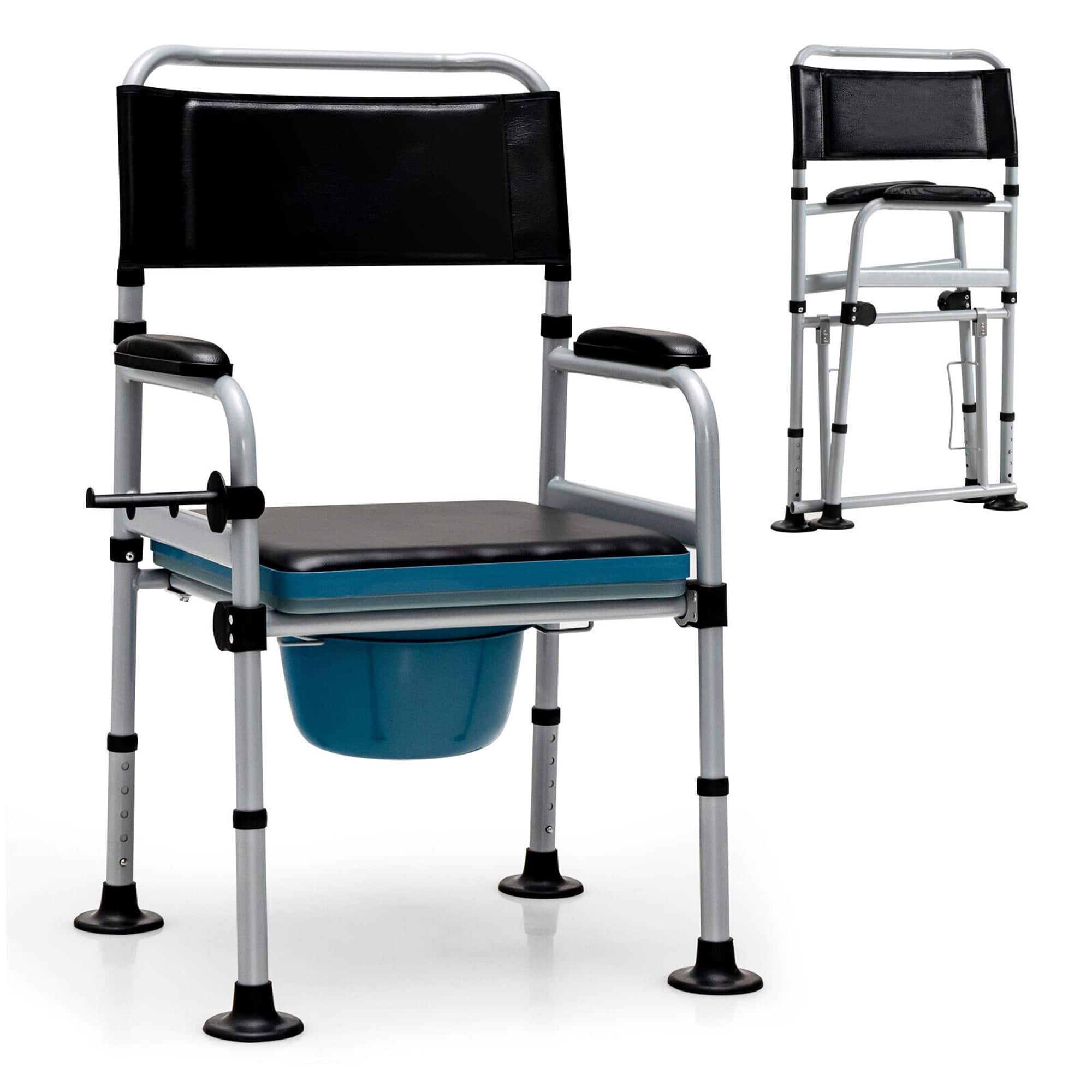 Gymax - 4-in-1 Bedside Commode Folding Toilet Chair w/ Detachable Bucket for Seniors - Silver