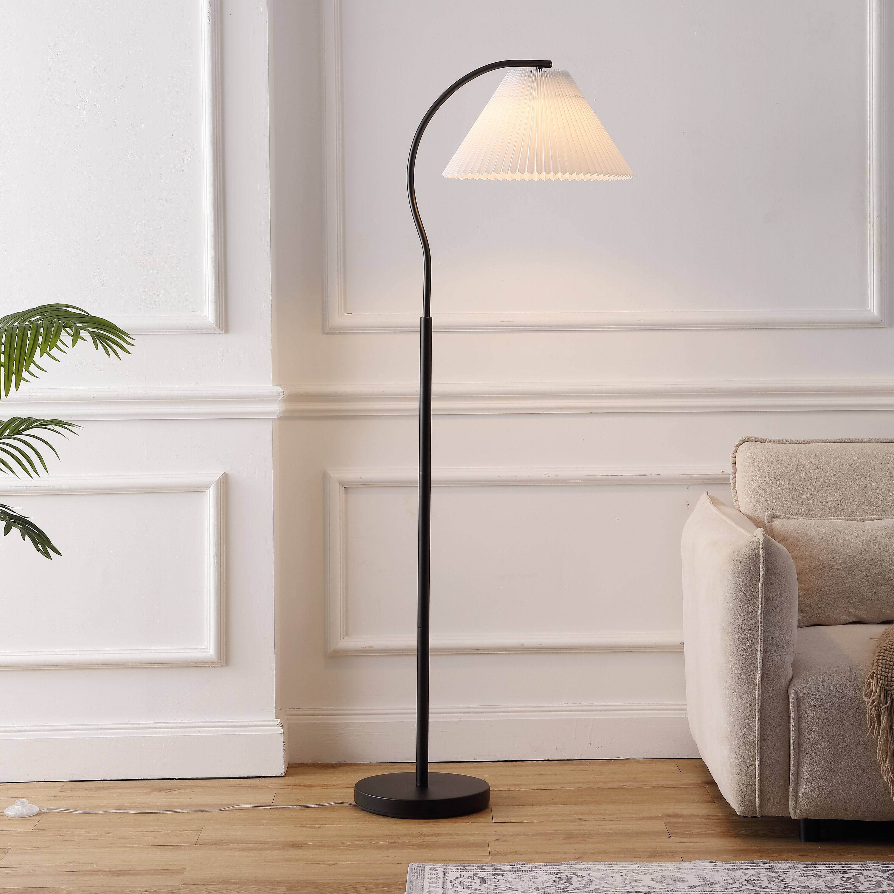Alt View 1. Jonathan Y - Devon 60.5" Modern Glam Metal Arc LED Floor Lamp with Pleated Shade, Black/White - Black.