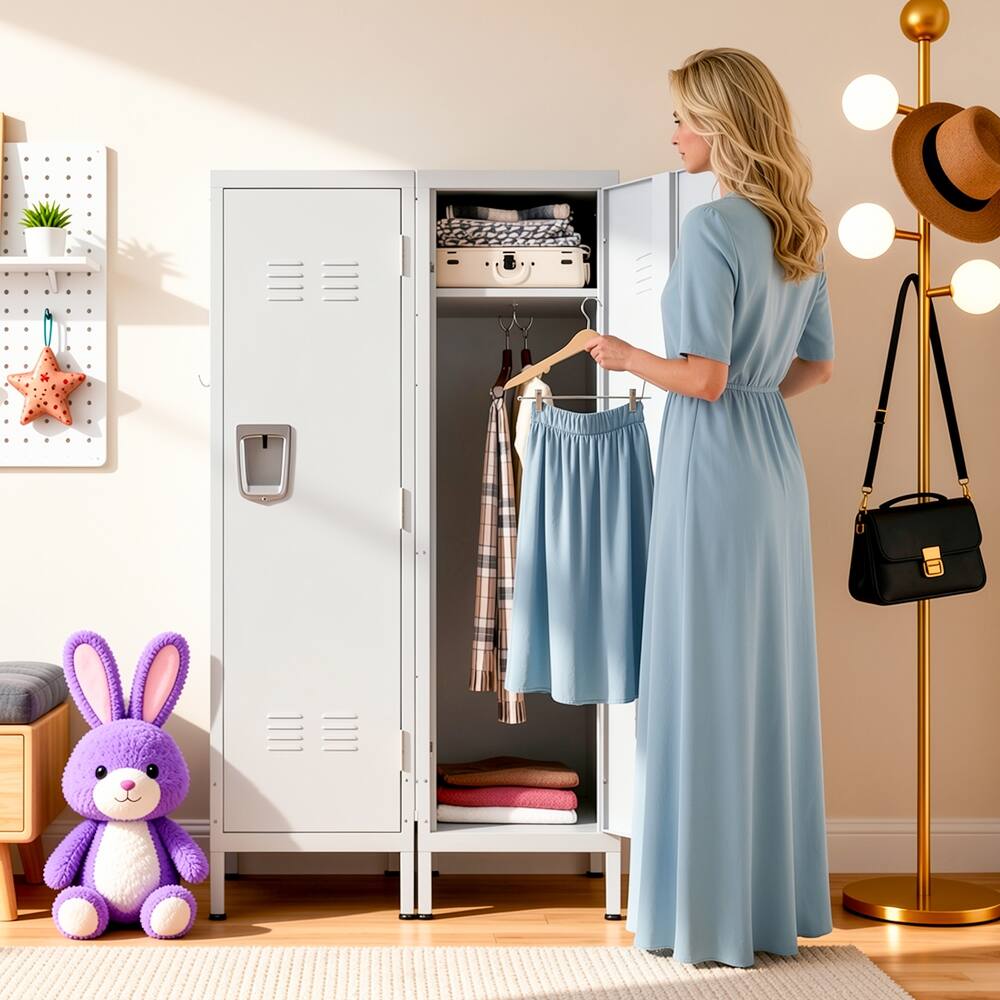 Alt View 4. Loheer - Loheer Tall Metal Wardrobe Cabinet Slim Steel Clothing Locker with Ventilated Door Lock and Side Hooks for Home Office - Matte White.