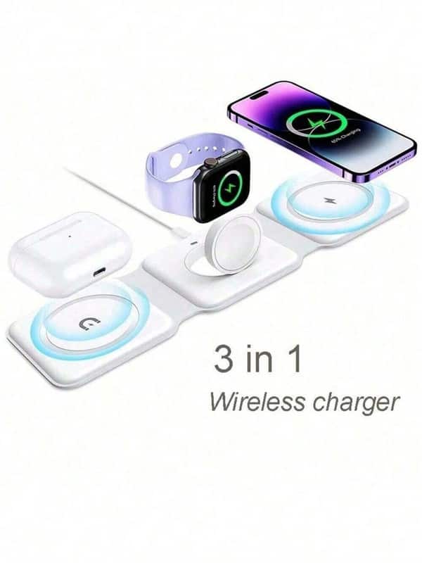 SKRAN - 3 In 1 Wireless Charger - Foldable Magnetic Wireless Charging Station For Travel, Compatible With iPhone & Apple Watch - White