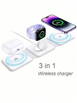 SKRAN - 3 In 1 Wireless Charger - Foldable Magnetic Wireless Charging Station For Travel, Compatible With iPhone & Apple Watch - White