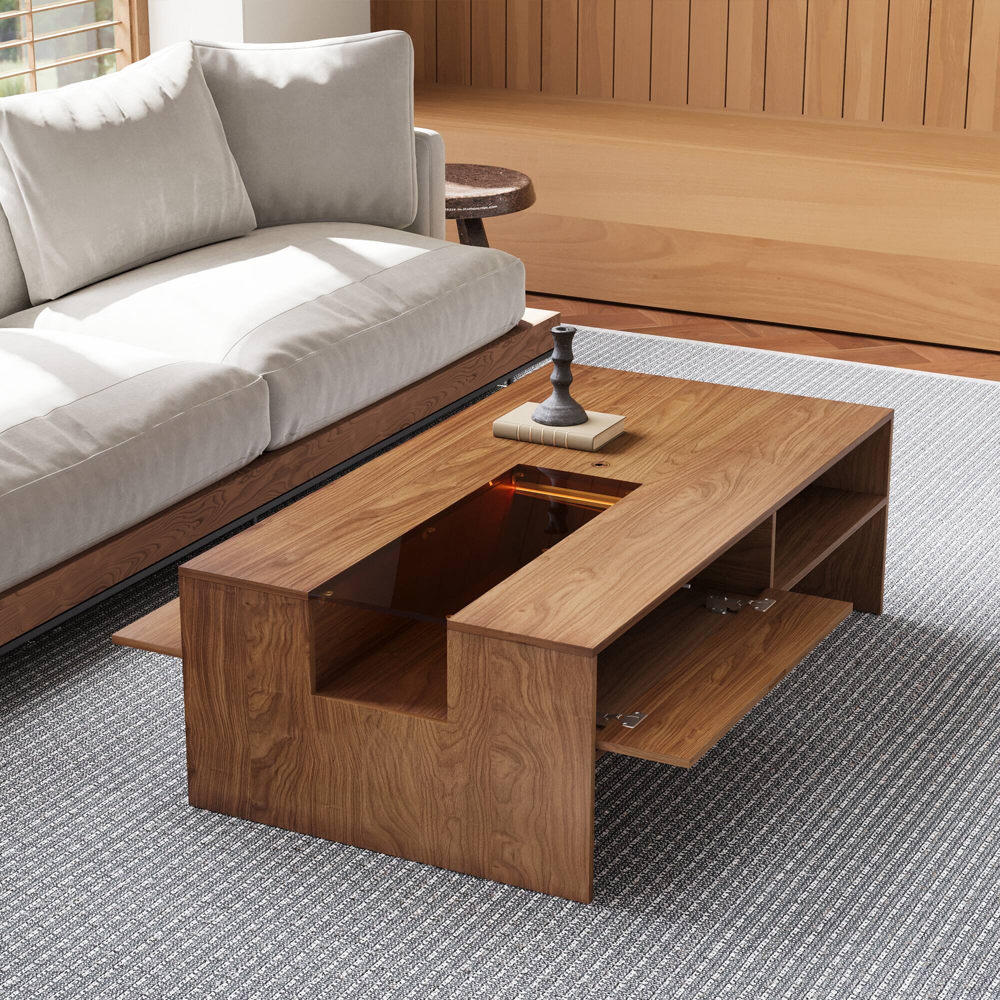 Left. luck idea - 51.1" Rectangular Coffee Table with LED Ambient Lights and Two Dust-Proof Storage Compartments - Walnut Color.