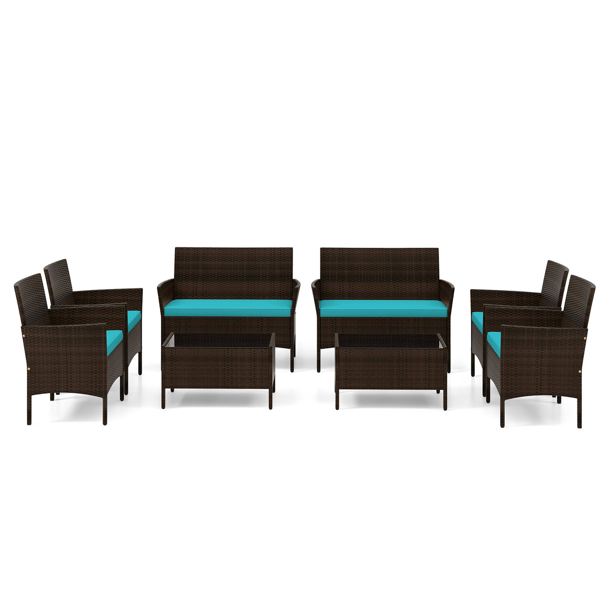 Alt View 8. Gymax - Gymax 8 Piece Patio Rattan Conversation Set Wicker Furniture Set w/ Chair Loveseat Outdoor - Mix Brown, Turquoise.
