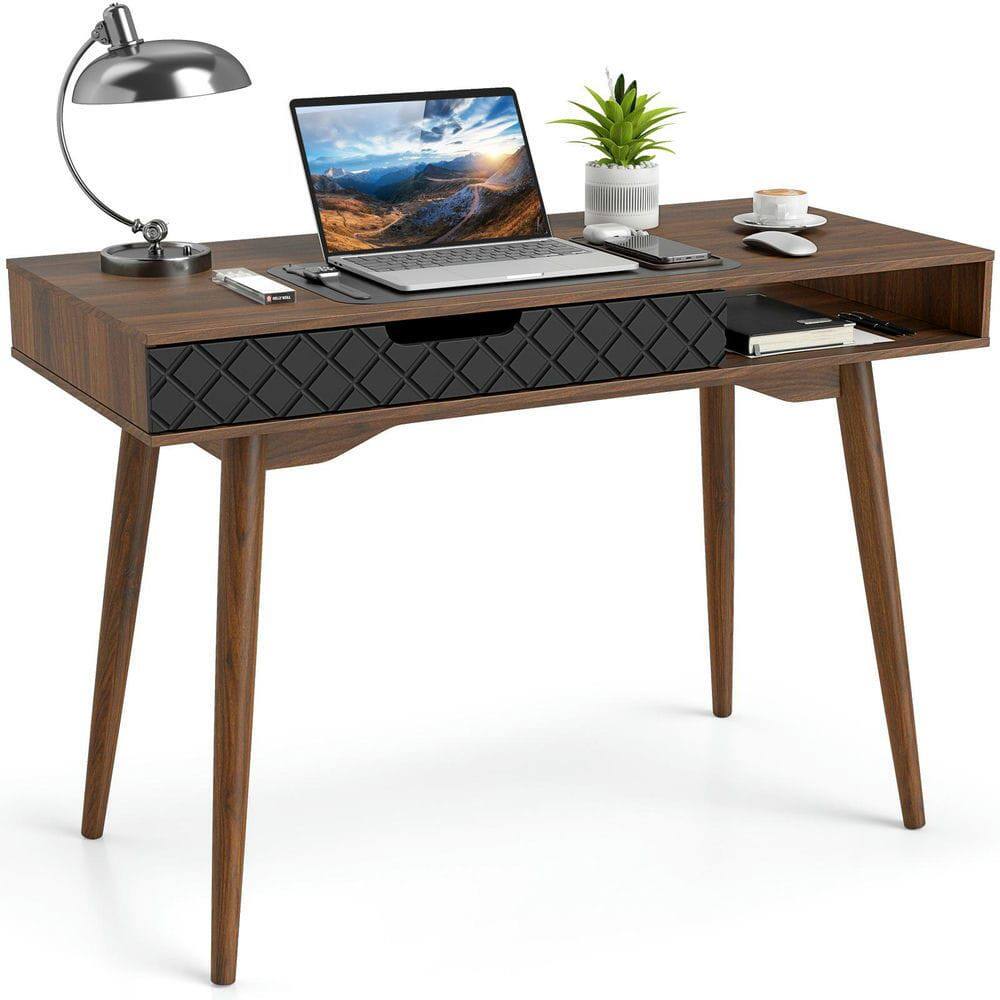 Front. Kadyn - Mid-Century Modern Computer Desk - Drawer & Open Compartment, Brown & Black - Brown.