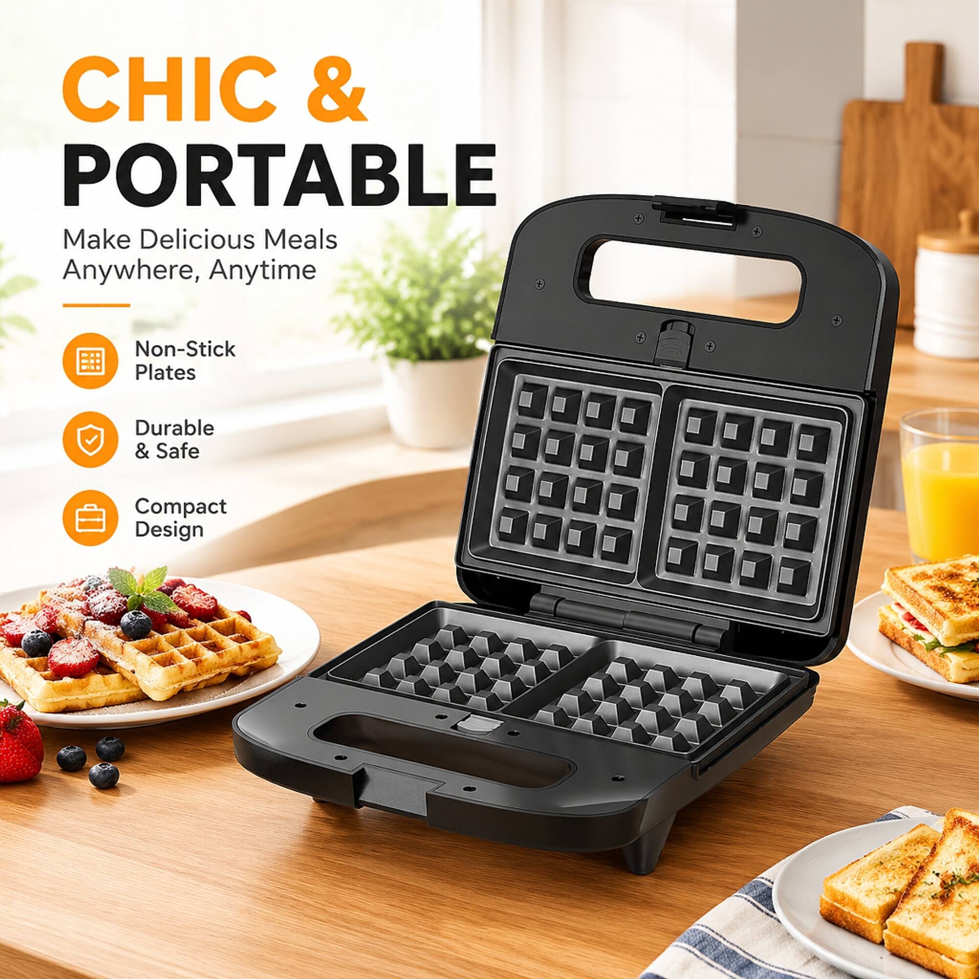 CHIC & PORTABLE  
Make Delicious Meals Anywhere, Anytime

- Non-Stick Plates
- Durable & Safe
- Compact Design