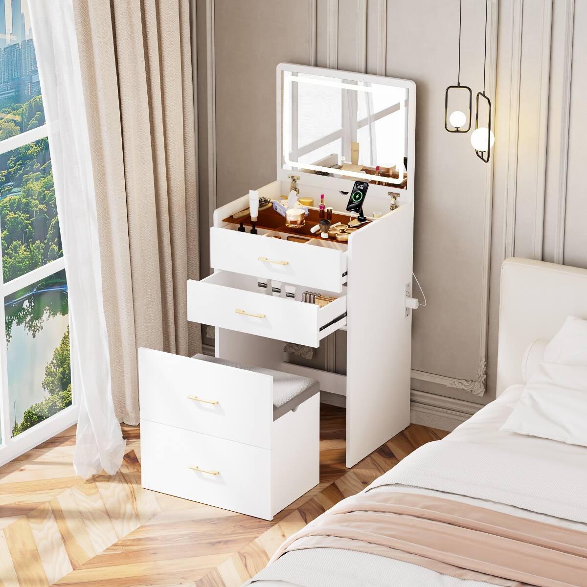 Angle. Loheer - Loheer White Makeup Vanity Desk with Flip Top Mirror and Glass Surface - White.