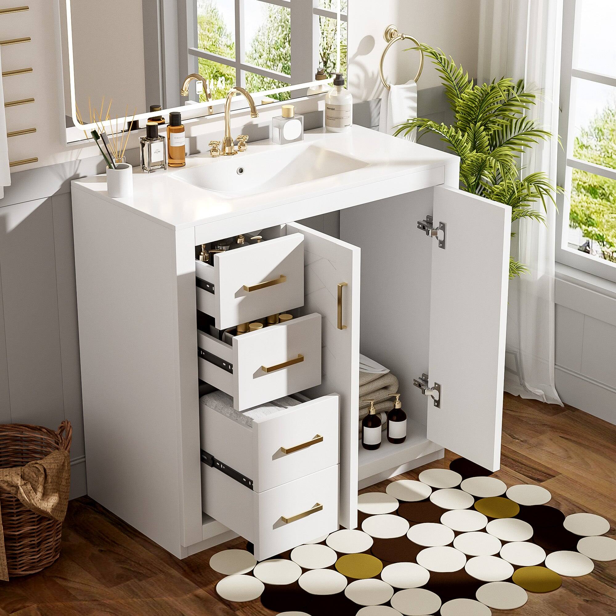 Alt View 2. Boyel Living - 36 Inch Bathroom Vanity with Ceramic Sink Solid Wood Frame 3 Drawers 2 Doors White - White.