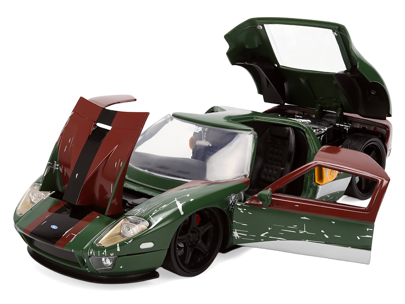 Left. Jada - 2005 Ford GT Green (Weathered) with Graphics and Boba Fett Figure "Star Wars" Franchise "Hollywood Rides" Series 1/24 - Green.