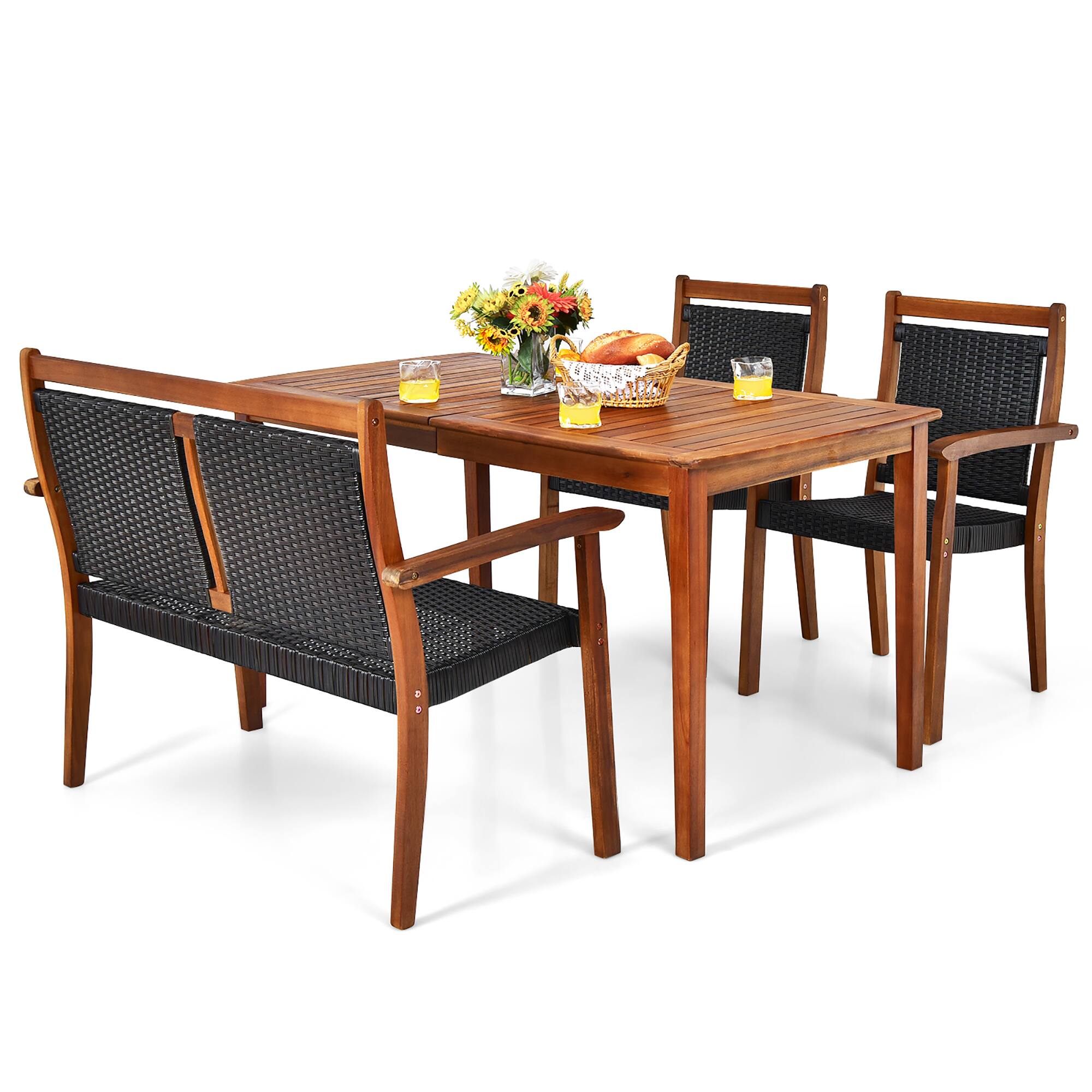 Alt View 8. Gymax - Gymax 4PCS Patio Dining Set Acacia Wood  Rattan Furniture Set w/ Umbrella Hole - Mix Brown.