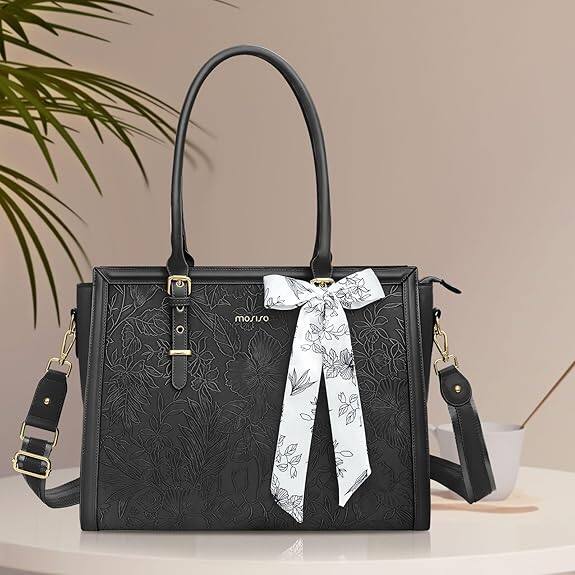 Left. mosiso - Laptop Bag for Women 15-15.6 inch PU Leather Tote Bag Work Briefcase Computer Bags - Black.