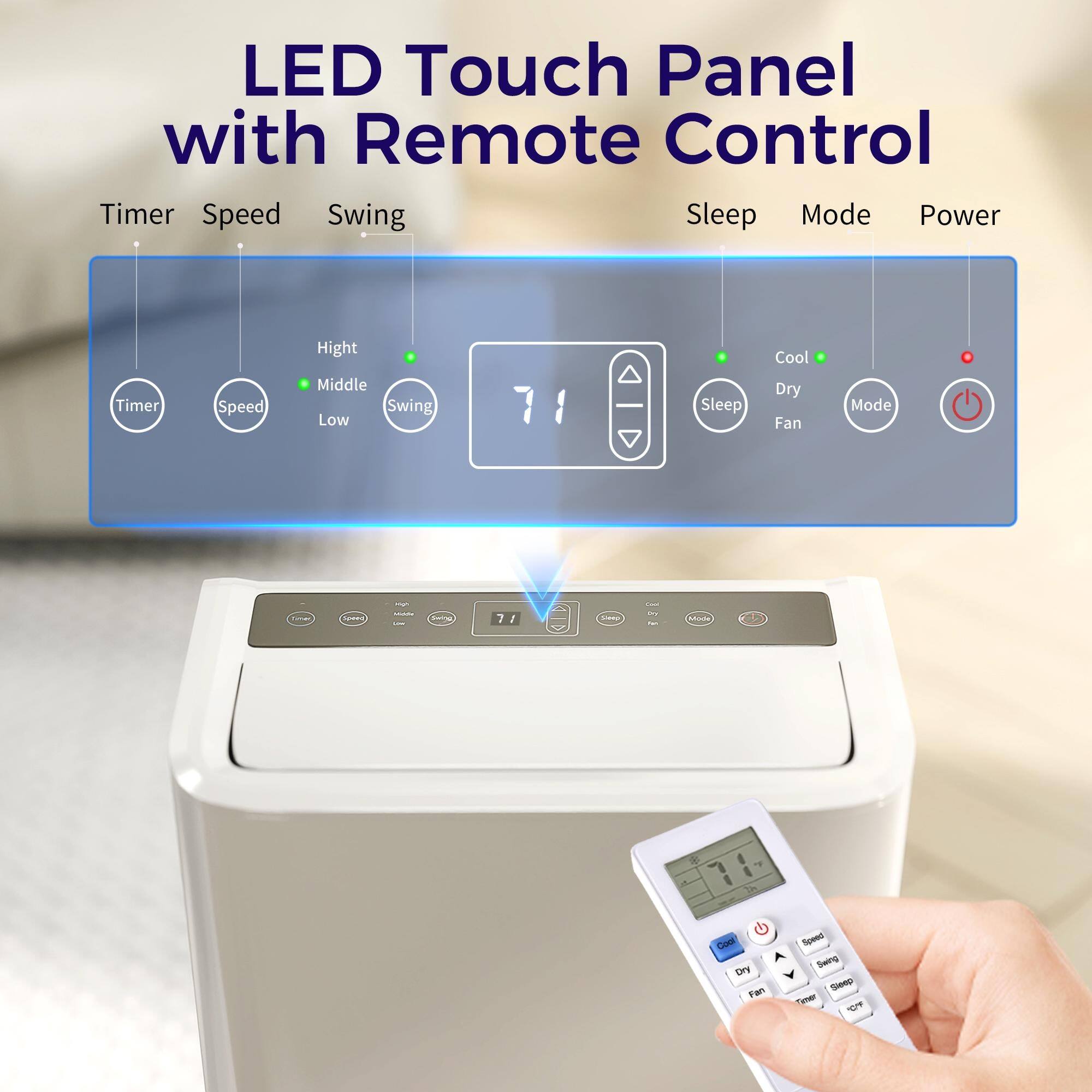 LED Touch Panel with Remote Control

Timer Speed Swing Sleep Mode Power

Timer Speed Swing

High Middle Low

Sleep Cool Dry Fan Mode

Power

71

Sleep Cool Dry Fan Mode Power

71