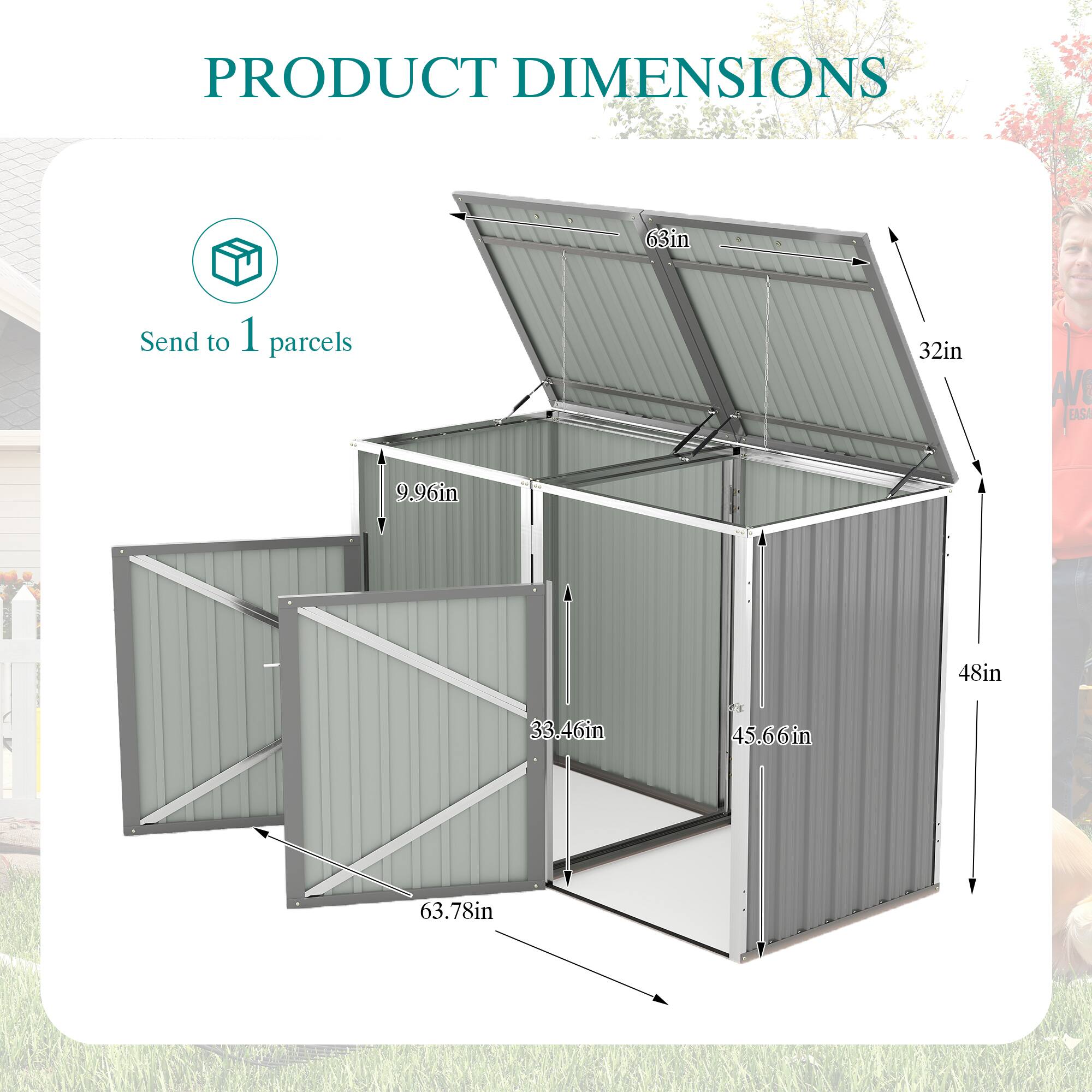 PRODUCT DIMENSIONS  
Send to 1 parcels  
63in x 32in x 9.96in x 48in x 33.46in x 45.66in x 63.78in