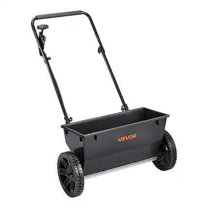 Front. VEVOR - Walk-Behind Push Spreader, 50LBS Capacity, Drop Spreader with Hopper Grate, 18 in Spreading Width & 30 Settings - Black.
