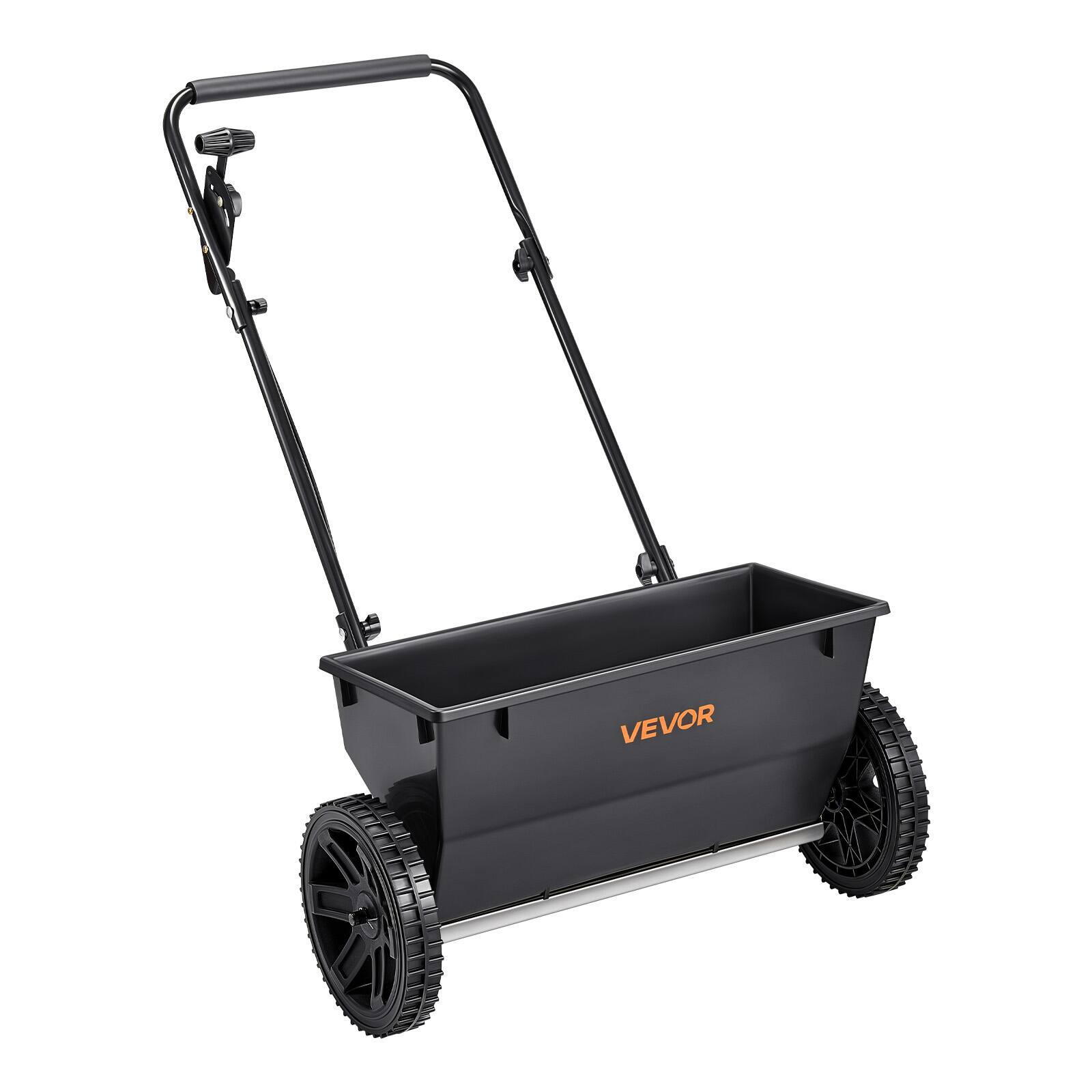 Front. VEVOR - Walk-Behind Push Spreader, 50LBS Capacity, Drop Spreader with Hopper Grate, 18 in Spreading Width & 30 Settings - Black.